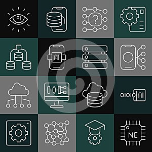 Set line Processor CPU, Binary code, Neural network, Artificial intelligence AI, Server, Data, and icon. Vector