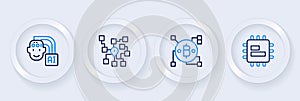 Set line Processor CPU, Blockchain technology Bitcoin, Neural network and Humanoid robot icon. Vector