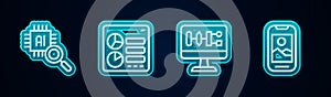 Set line Processor CPU, Computer api interface, Algorithm and Mobile phone. Glowing neon icon. Vector