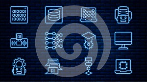 Set line Processor CPU, Computer monitor, Neural network, Artificial intelligence AI, Binary code, Graduation cap and