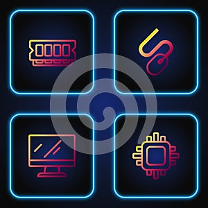 Set line Processor with CPU, Computer monitor screen, RAM, random access memory and mouse. Gradient color icons. Vector