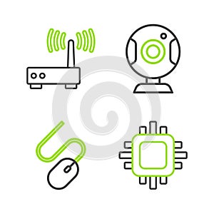 Set line Processor with CPU, Computer mouse, Web camera and Router and wi-fi signal icon. Vector