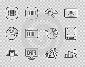 Set line Processor CPU, Financial growth, Search cloud computing, Data analysis, Binary code, and Server icon. Vector