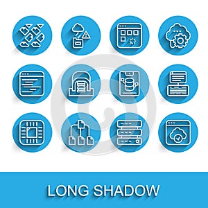 Set line Processor with CPU, Folder tree, Data stream, Server, Data, Web Hosting, Cloud technology data transfer, Hangar