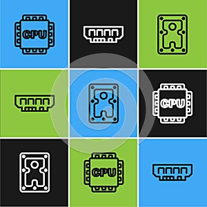 Set line Processor with CPU, Hard disk drive HDD and RAM, random access memory icon. Vector
