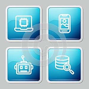 Set line Processor CPU, Mobile phone, Artificial intelligence robot and Server icon. Vector