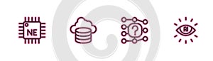 Set line Processor CPU, Neural network, Cloud database and Artificial intelligence AI icon. Vector