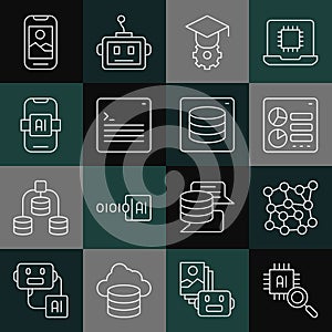 Set line Processor CPU, Neural network, Computer api interface, Graduation cap, Web developer programming code