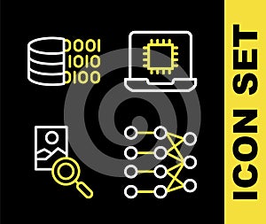 Set line Processor CPU, Neural network, Photo retouching and Binary code icon. Vector