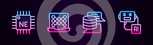 Set line Processor CPU, Neural network, Server, Data and Artificial intelligence robot. Glowing neon icon. Vector