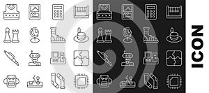 Set line Processor with CPU, Piece of puzzle, Man hat, Calculator, Earth globe, Chess, Waistcoat and Slippers socks icon