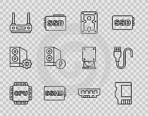 Set line Processor with CPU, SD card, Hard disk drive HDD, SSHD, Router and wi-fi signal, Case of computer, RAM, random