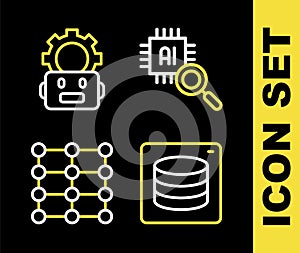 Set line Processor CPU, Server, Data, Neural network and Robot setting icon. Vector