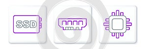 Set line Processor with CPU, SSD card and RAM, random access memory icon. Vector