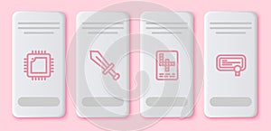 Set line Processor with CPU, Sword for game, Crossword and Certificate template. White rectangle button. Vector