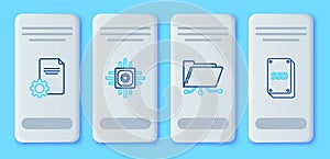 Set line Processor, Folder and lock, File document and SSD card icon. Vector
