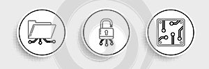 Set line Processor, Folder and lock and Lock on digital circuit board icon. Vector