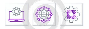 Set line Processor, Laptop and gear and Global technology social network icon. Vector