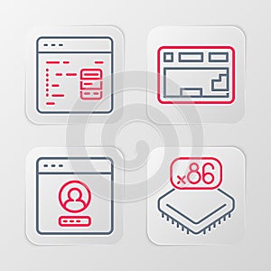 Set line Processor with microcircuits CPU, Create account screen, Keyboard and Software icon. Vector