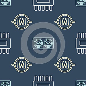 Set line Processor with microcircuits CPU, Electric circuit scheme and Electrical outlet on seamless pattern. Vector