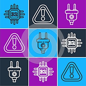 Set line Processor with microcircuits CPU, Electric plug and Exclamation mark in triangle icon. Vector