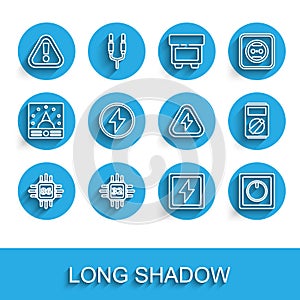 Set line Processor with microcircuits CPU, Exclamation mark in triangle, Lightning bolt, Electric light switch