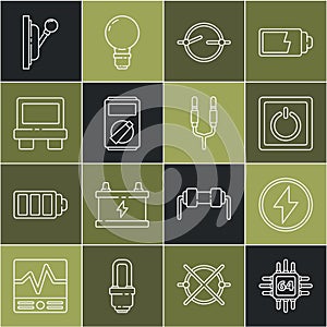 Set line Processor with microcircuits CPU, Lightning bolt, Electric light switch, scheme, Multimeter, Fuse, Electrical