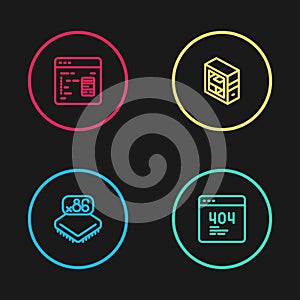Set line Processor with microcircuits CPU, Page a 404 error, Computer and Software icon. Vector