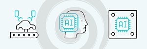 Set line Processor with microcircuits CPU, Robotic robot arm on factory and Humanoid icon. Vector