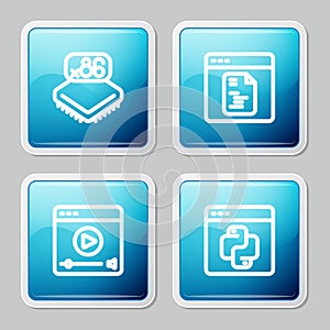 Set line Processor with microcircuits CPU, Software, Online play video and Python programming language icon. Vector