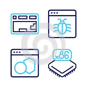 Set line Processor with microcircuits CPU, Software, System bug and Keyboard icon. Vector
