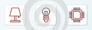 Set line Processor with microcircuits CPU, Table lamp and Light bulb icon. Vector