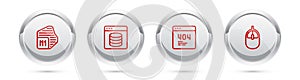 Set line Processor, Server, Data, Web Hosting, Page with 404 error and Computer mouse. Silver circle button. Vector