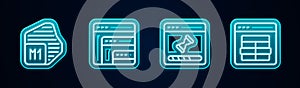 Set line Processor, Software, Loading data window and MySQL code. Glowing neon icon. Vector