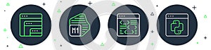 Set line Processor, Software, and Python programming language icon. Vector