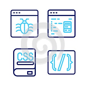 Set line Programming language syntax, Books about programming, Software and System bug icon. Vector
