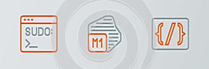 Set line Programming language syntax, Code terminal and Processor icon. Vector