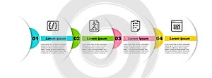 Set line Programming language syntax, Flowchart, Clipboard with checklist and Binary code. Business infographic template