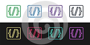 Set line Programming language syntax icon isolated on black and white background. Syntax programming file system. Vector