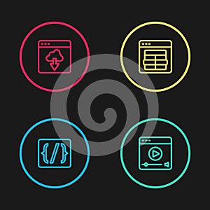 Set line Programming language syntax, Online play video, MySQL code and Cloud technology data transfer icon. Vector