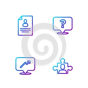Set line Project team base, Graph, schedule, chart, Resume and Question mark. Gradient color icons. Vector