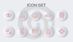 Set line Project team base, Pie chart and dollar, Light bulb gear, Stair with finish flag, Eye, Startup project concept