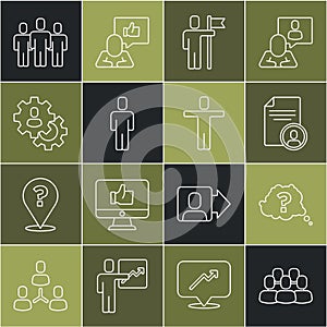 Set line Project team base, Question mark, Resume, Team leader, Head hunting, Users group and icon. Vector