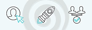 Set line Project team base, User of man in business suit and Rocket ship with fire icon. Vector