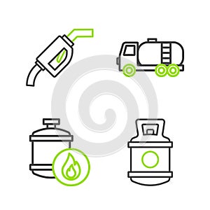Set line Propane gas tank, Tanker truck and Gasoline pump nozzle icon. Vector