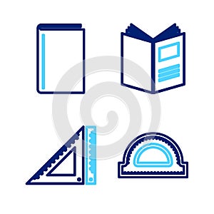 Set line Protractor grid, Triangular ruler, Open book and Book icon. Vector