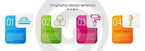 Set line Protractor, RGB and CMYK color mixing, Paint roller brush and Pen. Business infographic template. Vector