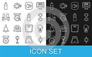 Set line Punching bag, Boxing glove, Dumbbell, gong, Jump rope, and Fitness shaker icon. Vector