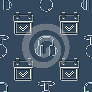 Set line Push pin, Calendar with check mark and Headphones on seamless pattern. Vector