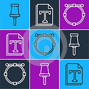 Set line Push pin, Circle with Bezier curve and Text file document icon. Vector